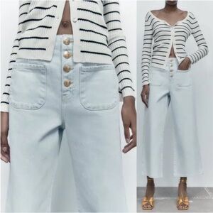 Zara Light Blue denim wide leg gold button up front Women's Jeans high rise